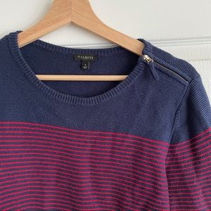 Talbots Sweater Navy Blue Red Stripe Zipper Sweater Small